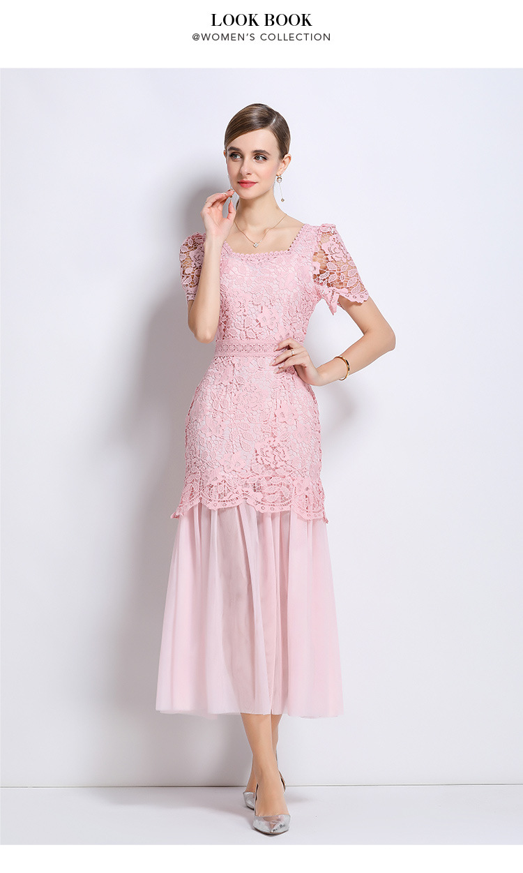 Đầm ren cổ vuông phong cách Pháp dáng dài xếp nếp lưới thanh lịch — đen, màu xanh, màu hồng, mơ chi tiết 12