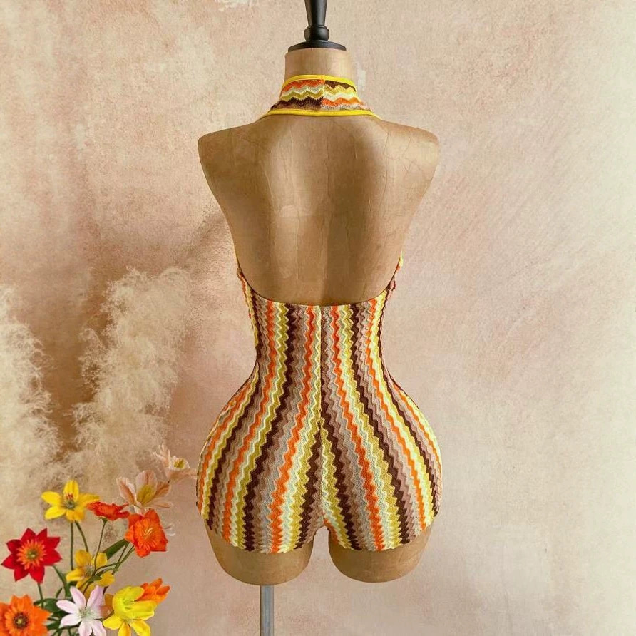 American Retro Wavy Striped Halter Neck Jumpsuit Shorts For Women Deep V Hollow Out Slim Fit Knit Jumpsuit_ecoleips.com