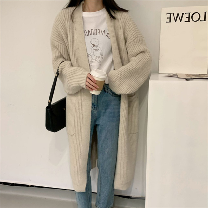 Korean Style Lazy Style Coarse Wool Sweater Coat Women's Autumn and Winter New Elegant Simple All-match Mid-length Knitted Cardigan