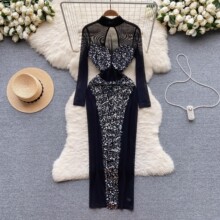 跨境透视网纱重工刺绣亮片修身长款心机镂空半高领气质连衣裙女潮