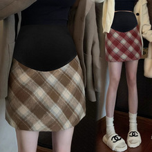 天猫品质 秋冬季孕妇复古气质红色格纹毛呢洋气托腹a字半身短裙