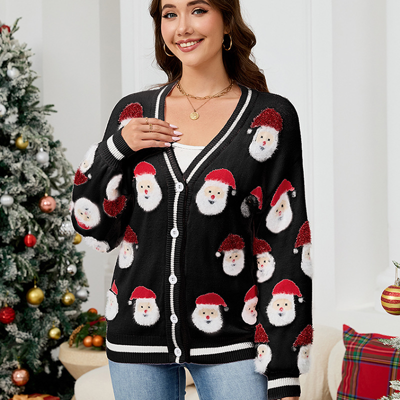 Damenbekleidung Festlicher Weihnachtsmann-Jacquard-Cardigan für Damen – Gemütlicher Weihnachtspullover mit 3D-Stickerei, V-Ausschnitt und langen Ärmeln_voghion.com