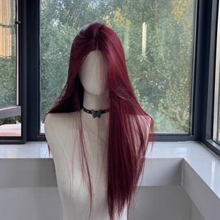 Xuchang Yuan Yang Hand-woven forehead lace raspberry red long straight hair women's full-length wig thin
