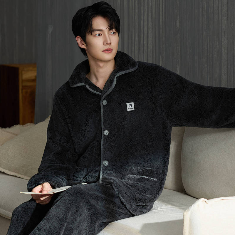 300g Coral Velvet Men's Pajamas Autumn and Winter Fleece-Lined Thickened Winter Warm Flannel Home Wear Set Wholesale