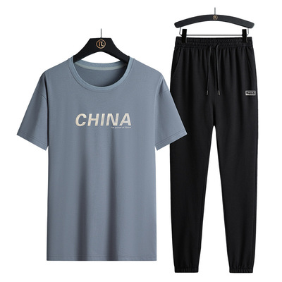 男士冰絲棉運動休閑套裝2021夏季新款短袖t恤潮男裝2118