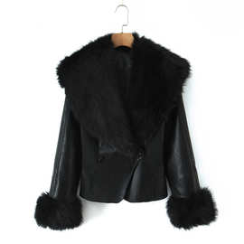 外贸批发欧美风 大毛毛领秋冬气质收腰夹克皮衣外套