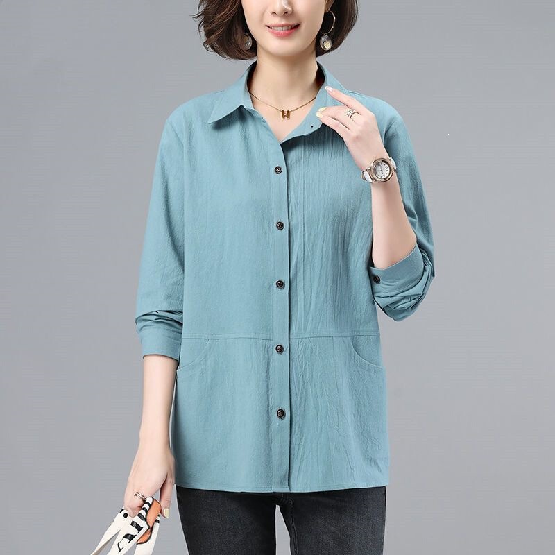 Women's new cotton-linen shirt jacket, loose-fitting long-sleeve polo collar top, versatile solid color casual off-shoulder shirt Women's new cotton-linen shirt jacket, loose-fitting long-sleeve polo collar top, versatile solid color casual off-shoulder shirt