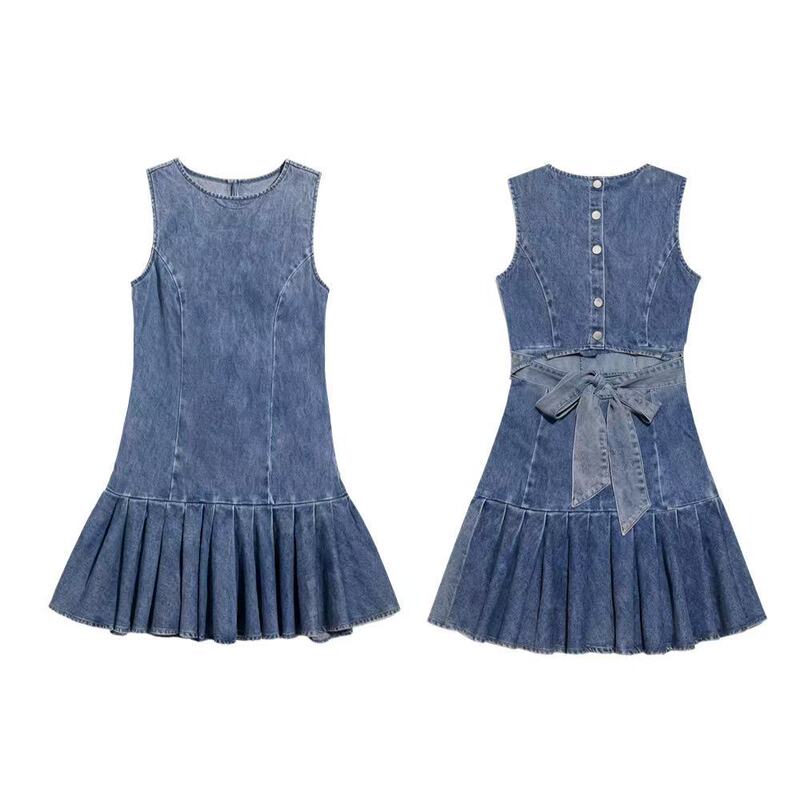 Cross-Border Foreign Trade European and American Women's Denim Dress with Back Tie, Simple and Fashionable Pleated Women's Denim Dress