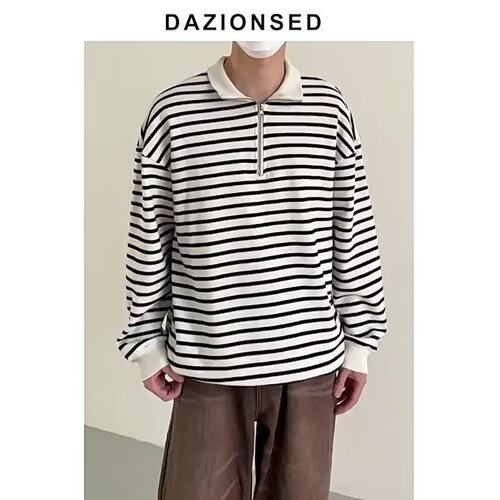 Men's Spring and Autumn Striped Half-Zip Stand Collar Sweatshirt, Ins Korean Version Fashion Loose Minimalist Long Sleeve T-Shirt Top