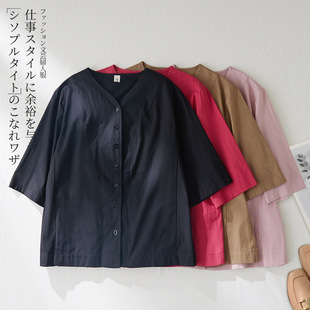 2025 New Summer Style Artistic Loose Casual Work Clothing Slimming Look Three-Quarter Sleeve V Neck Shirt for Women