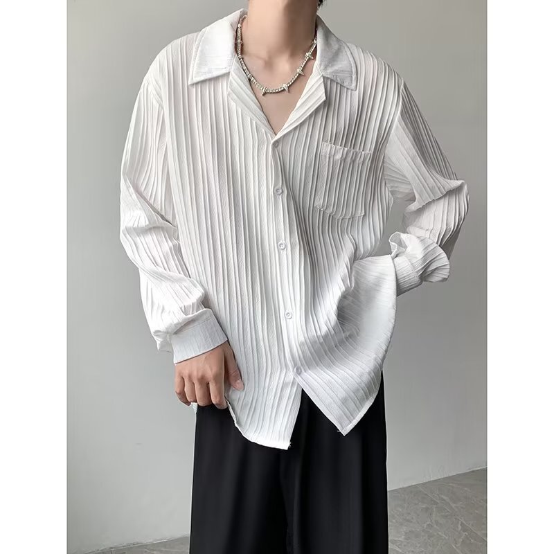 Spring and Summer Shirt Men's Simple Trendy Solid Color Pleated Shirt Youth Popular New Long Sleeve Fashionable Japanese Style Top Jacket