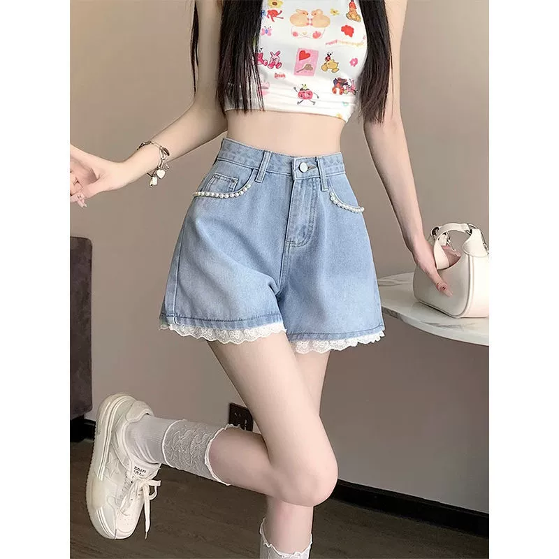 Летние сладкие и пряные джинсовые шорты женские высокие талии тонкие, широкие ноги