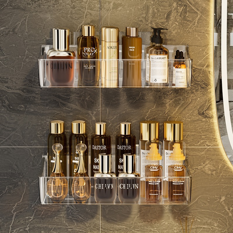 Wall-Mounted Bathroom Storage Rack, No-Drill Washbasin Shelf, Transparent Luxury Style for Bathroom and Toilet