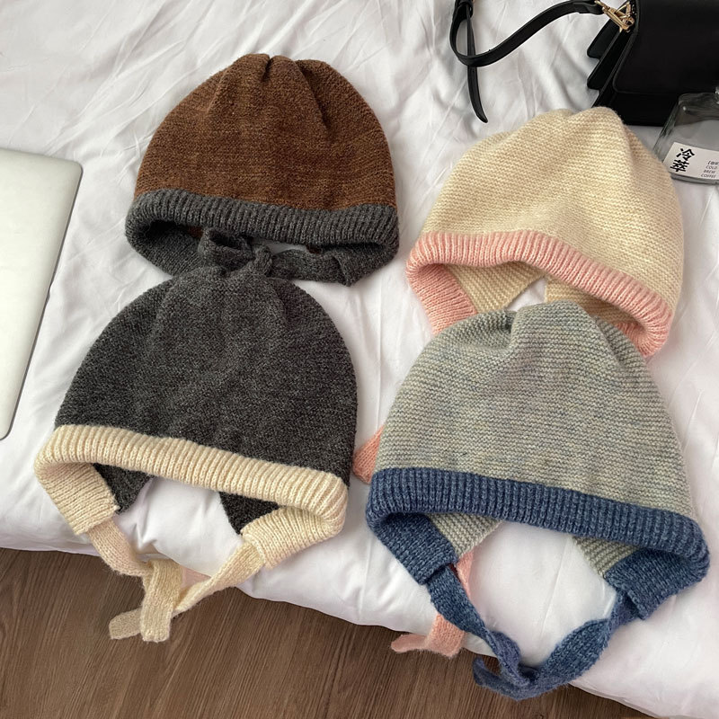 Contrast Color Strap Knitted Hat Wool Warm All-match Ear Protection Cap All-match Cute Solid Color Women's Wind-proof Hat for Autumn and Winter