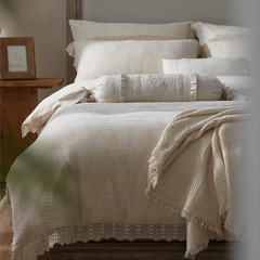 French Retro A-Class Maternity Cotton-Linen Quilt Set 15% Linen + 85% Cotton Embroidered Bedding with White Edge for Homestay