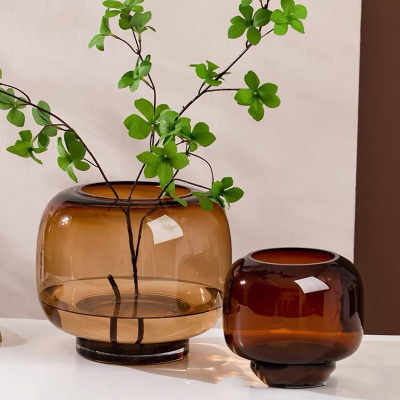 Minimalist Modern Light Luxury Monochrome Flower Vase Transparent Round Large Mouth Water Plant Flower Arrangement Living Room Dining Room Glass Decor