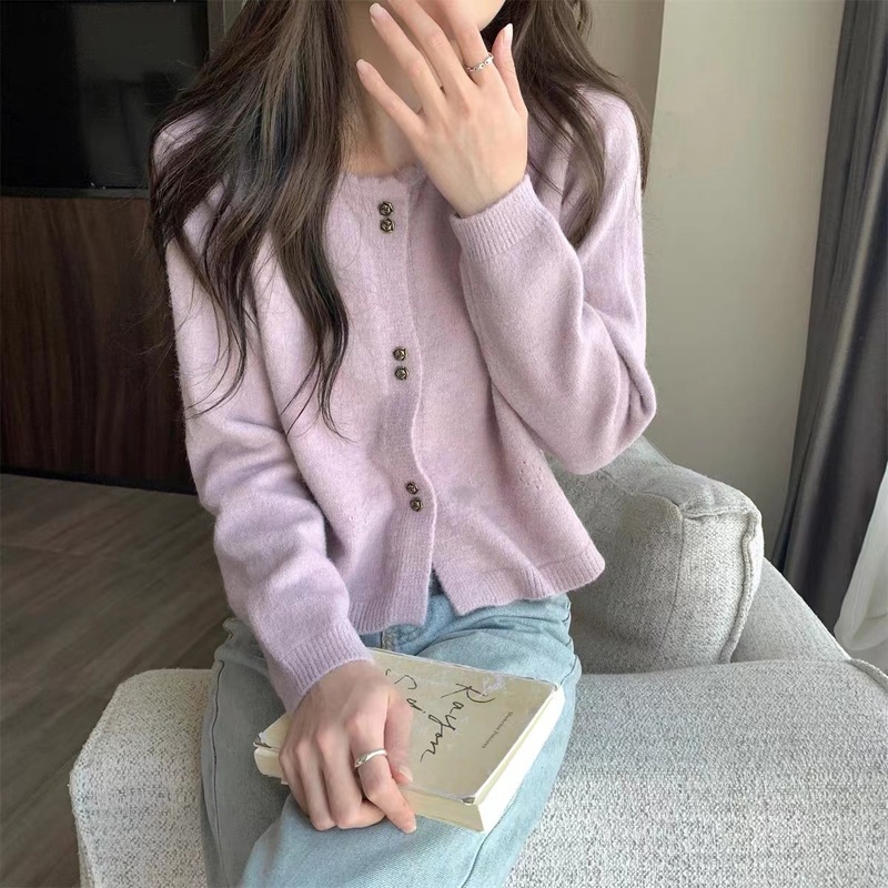 甜美温柔风玫瑰纽扣毛衣开衫短款上衣波浪花边圆领长袖针织衫外套|undefined