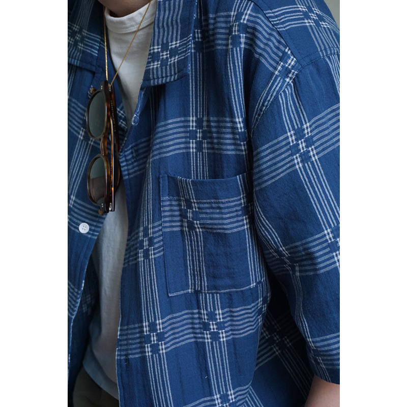 Camicia da uomo a maniche corte, stile giapponese, ampia, retrò, con colletto cubano, in denim blu, casual, 2024._voghion.com