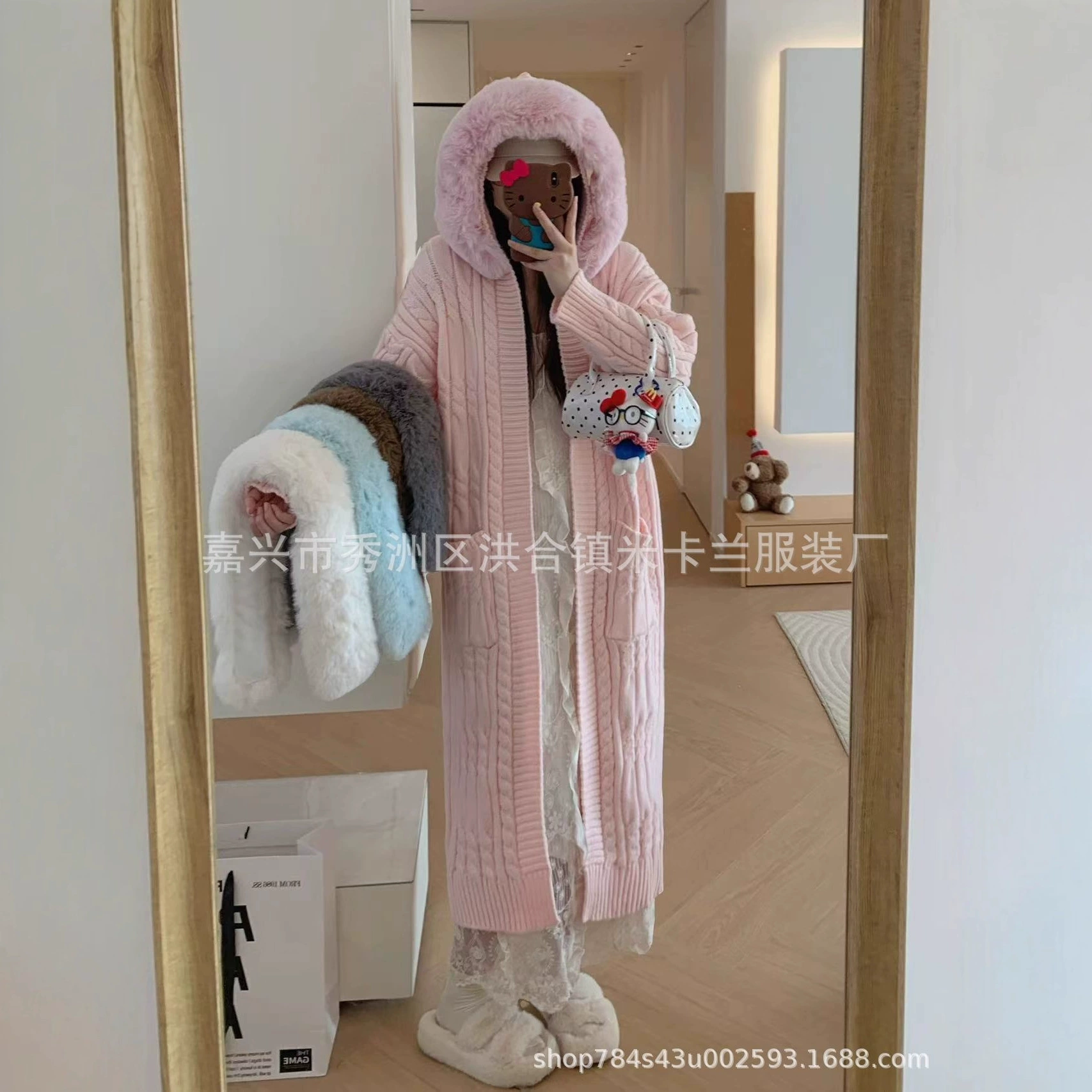 Sweater, long set, knitted woolen autumn jacket, increased thickness