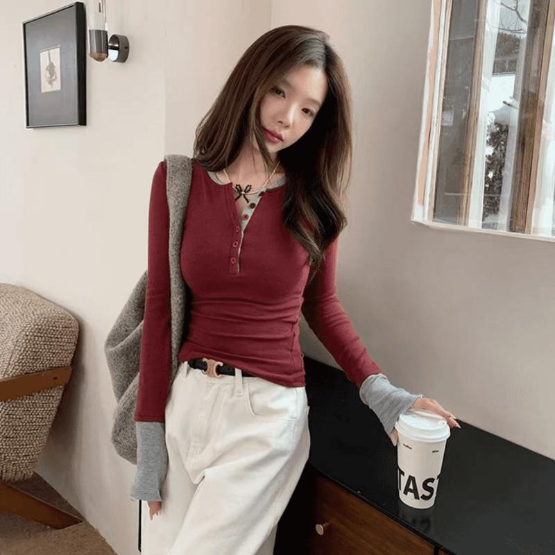 2025秋款撞色假两件别致内搭打底衫女辣妹上衣百搭桖7123|undefined