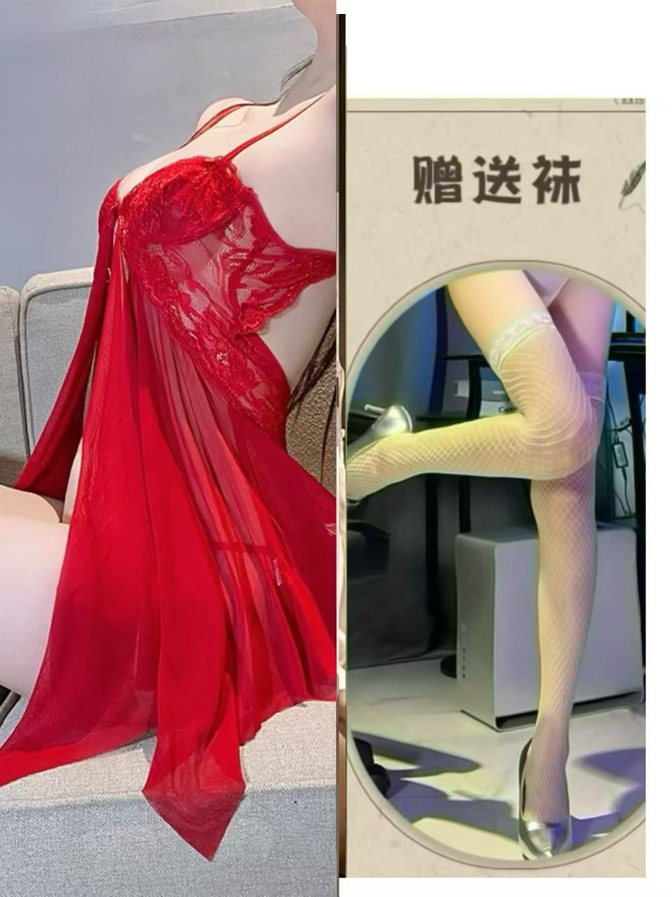 빨간색 + 끈 팬티 + 흰색 망사 스타킹
