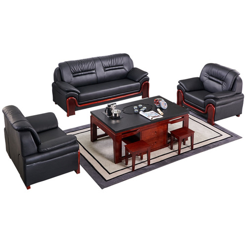 Office Sofa Set with Simple Coffee Table for Reception, Business Meetings, Modern Chinese Style Genuine Leather and Solid Wood Three-Seater Sofa
