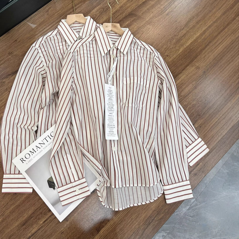 [in Stock] Tr Minimalist Row Style Mature Silk Striped Shirt with Turn-Down Collar Women's Spring Top