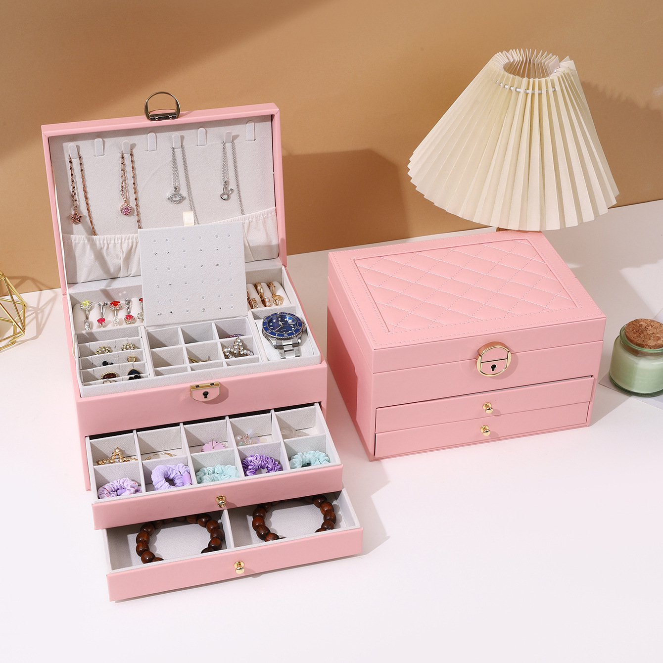 Caja de joyería de diamante de gran capacidad multifuncional, collar, anillo, caja de almacenamiento de joyas, caja de joyería anti-oxidación de tres capas