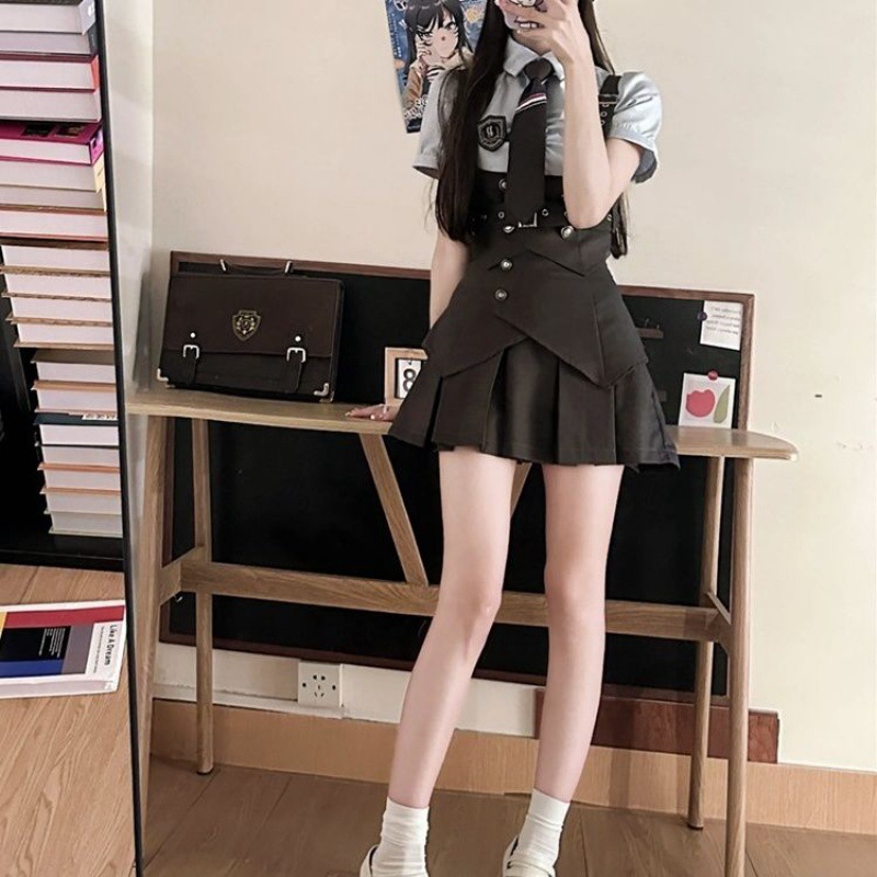 대학 스타일의 미국식 허리 조끼 디자인 센스 반팔 셔츠 여성의 여름 허리 주름 치마 JK 유니폼 세트