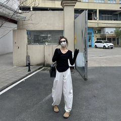 白色休闲阔腿裤黑t恤套装女2025新款时尚打底衫慵懒初春韩系穿搭