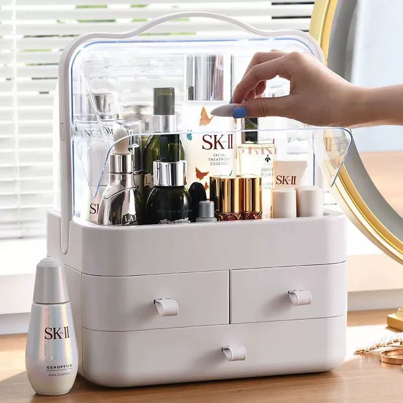 Cosmetic Storage Box, Multi-Layer Dustproof Vanity Organizer with Drawers & Handle, Large Capacity