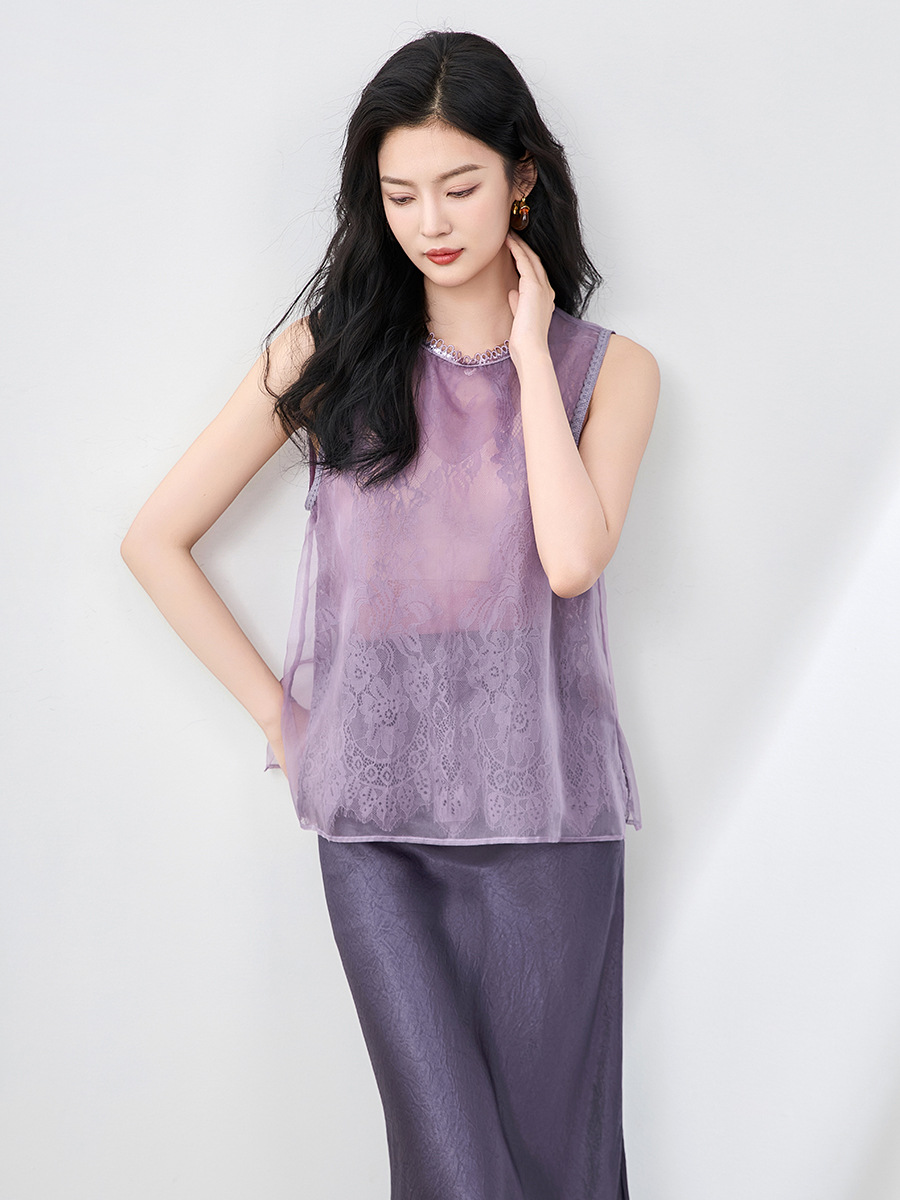 Áo hai dây organza ren cổ tròn phong cách thanh lịch mùa hè — Màu đen