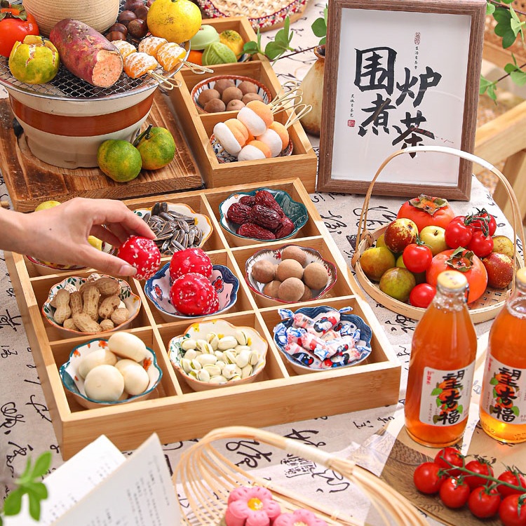 茶点竹九宫格新中式围炉煮茶干果果盘点心零食四宫格托盘冰茶