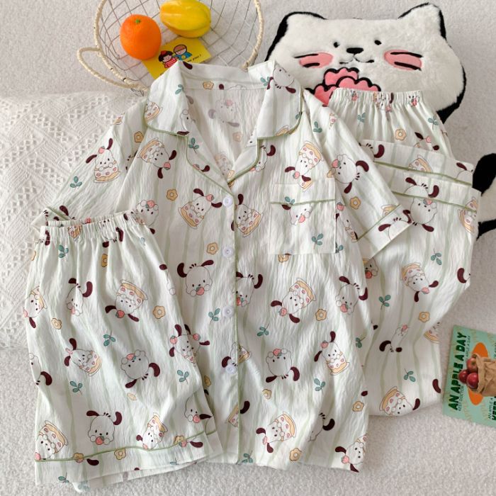 Cross-border tiro real nube de verano solapa de algodón cárdigan de tres piezas pantalones cortos de manga corta pantalones pijamas ropa de casa de dibujos animados para mujer