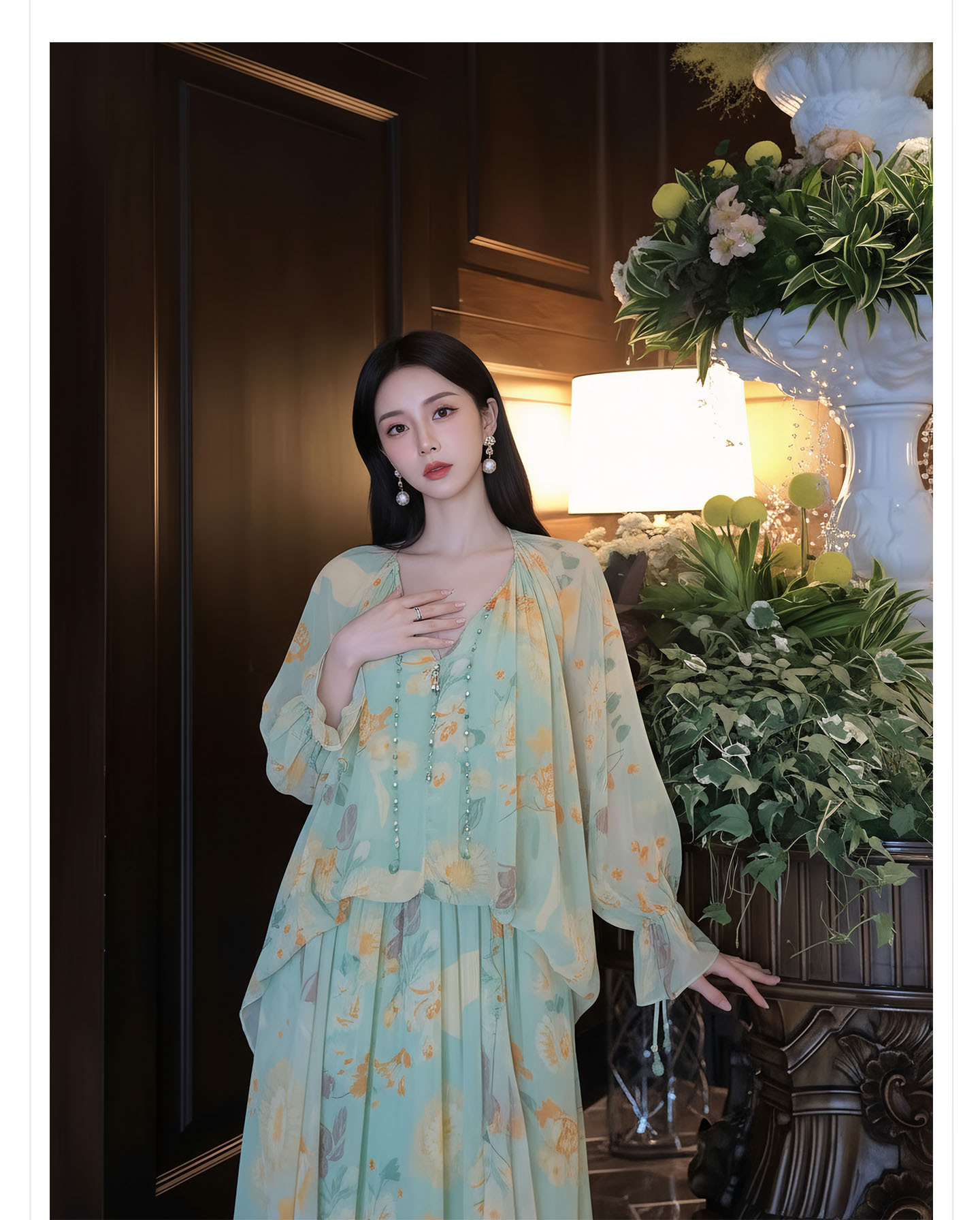 Đầm maxi nữ thắt eo phong cách Tân Trung Hoa in họa tiết thiết kế giả hai lớp — Thiên Thanh chi tiết 2