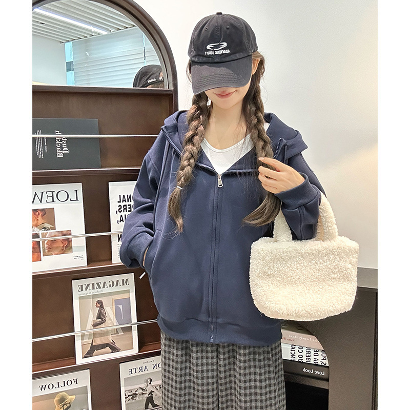 灰色连帽卫衣女春秋季2025新款宽松小个子慵懒风早秋外套开衫上衣|undefined