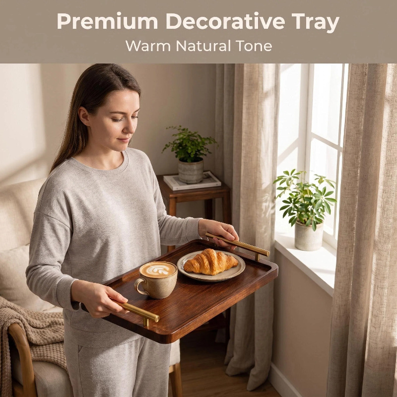Walnut-Colored Metal Handle Tray, Rectangular Tea Tray, Household Breakfast Tray, Hotel and Homestay Display Tray, Storage Tray