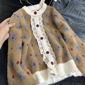 设计感小众法式蕾丝拼接毛衣外套女冬季新款巨好看宽松针织衫