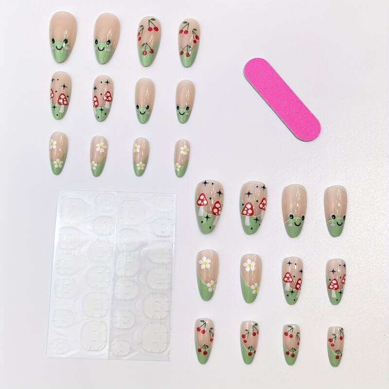X-0532 Wearable Manicure European and American Almond Shape Fresh Green French Little Frog Wearable Manicure 24 Pieces Removable