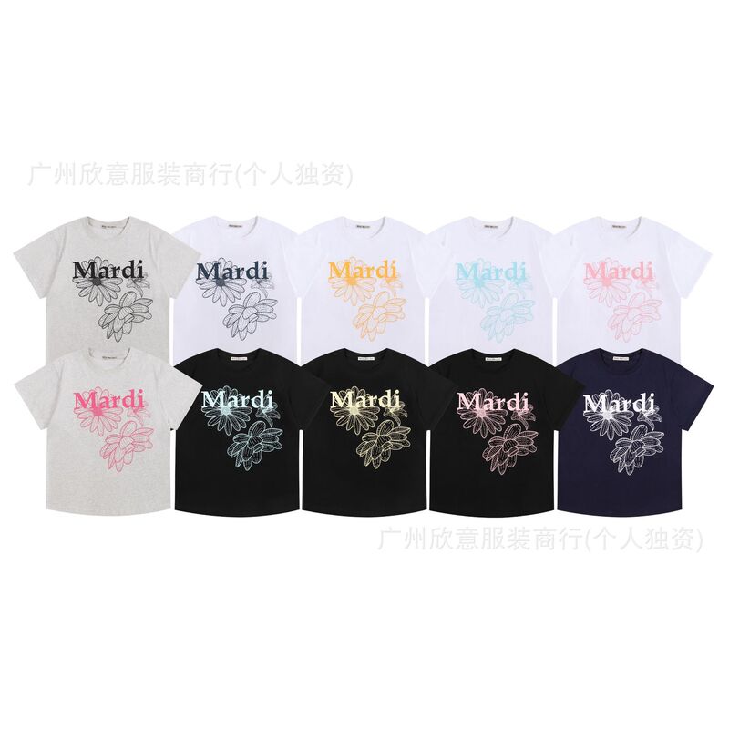 South Korea Cross-border Trendy Mardins Short-sleeved Women's Summer Daisy Printed Gold High Silver Same Style Pure Cotton Heavy-weight T-shirt for Foreign Trade