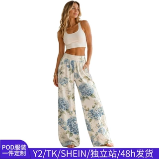 SHEIN/TK新款慵懒度假风碎花亚麻阔腿裤女 宽松显瘦休闲裤48h发货