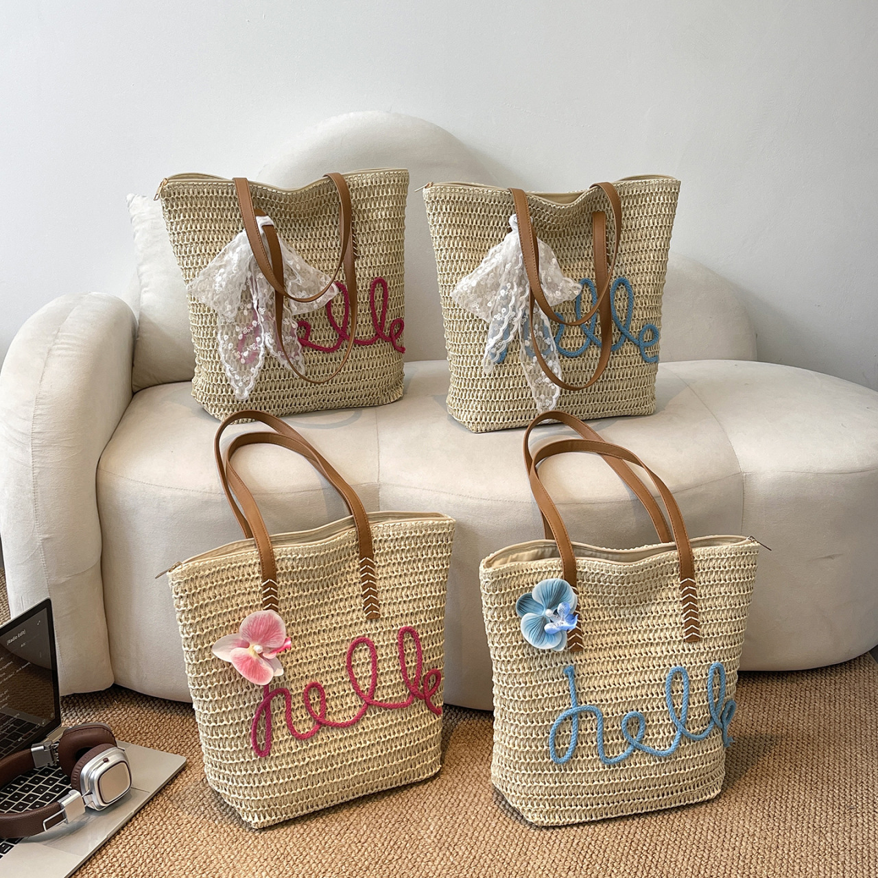 Handmade Rattan Shoulder Bag With Leather Trim Eco Friendly Style_voghion.com
