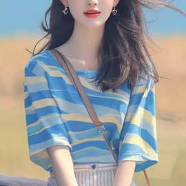 夏季韩系chic洋气独特别致漂亮上衣宽松百搭显瘦蓝色条纹T恤女款