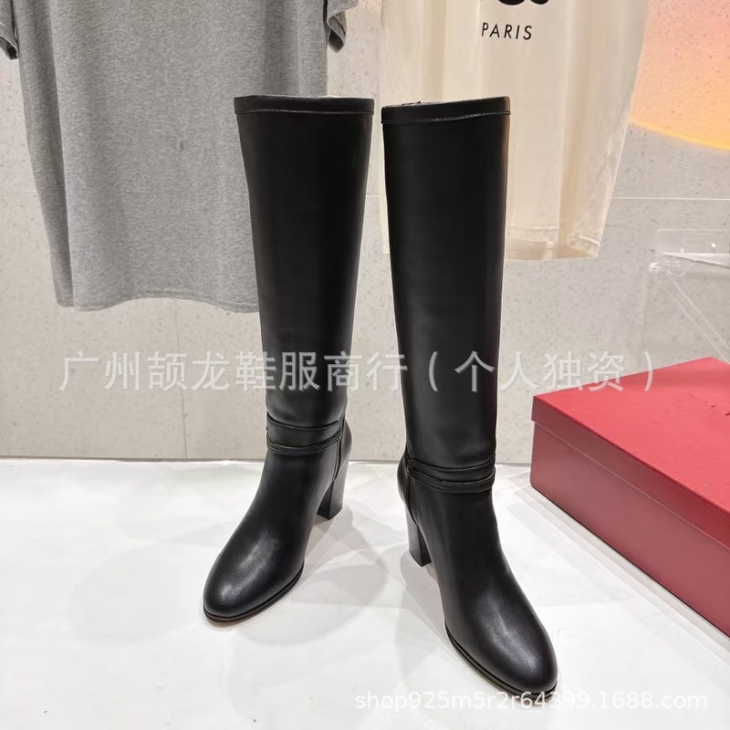 高端2025秋冬真皮圆头木纹粗跟高跟皮带扣侧拉链高筒骑士靴长靴女|undefined