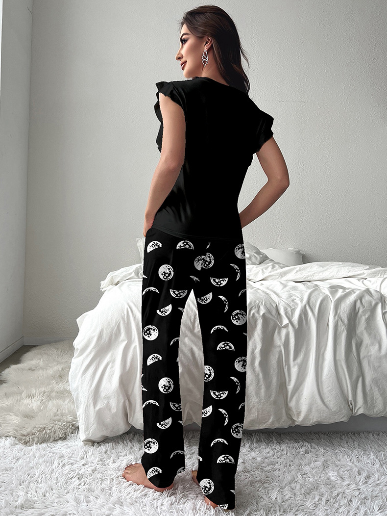 Dam loungewear set i silkeimitation med volangärmar sommar_voghion.com