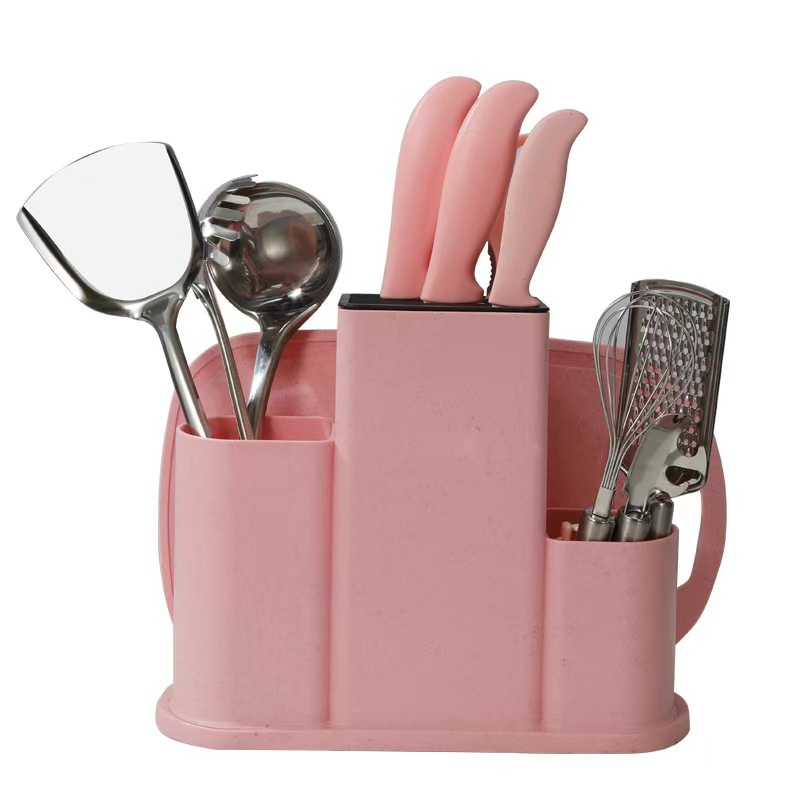 Juego de utensilios de cocina Juego de combinación de cuchillos de cerámica de 13 piezas Cubo de almacenamiento Juego de color de paja de trigo Soporte para cuchillos