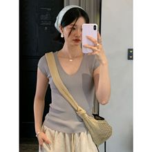 SROOM十三行夏季新款韩版人造丝 V领针织衫修身短袖纯色上衣