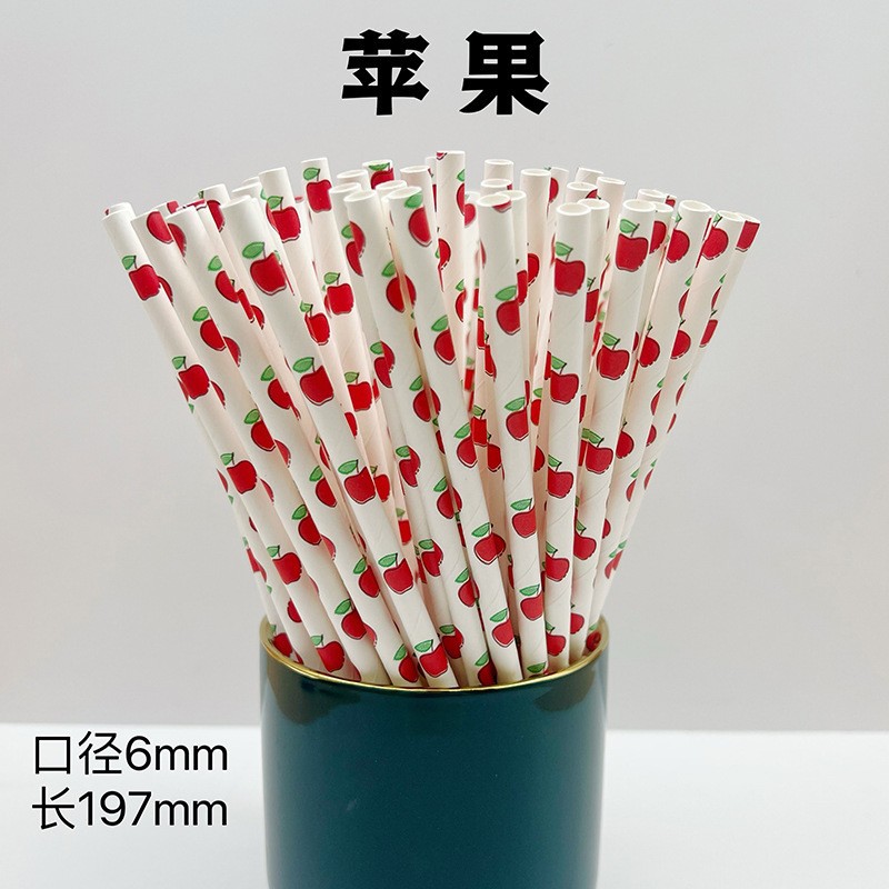 Paja de papel Kraft biodegradable desechable patrón de fruta fresca de verano paja de papel bebida paja decorativa