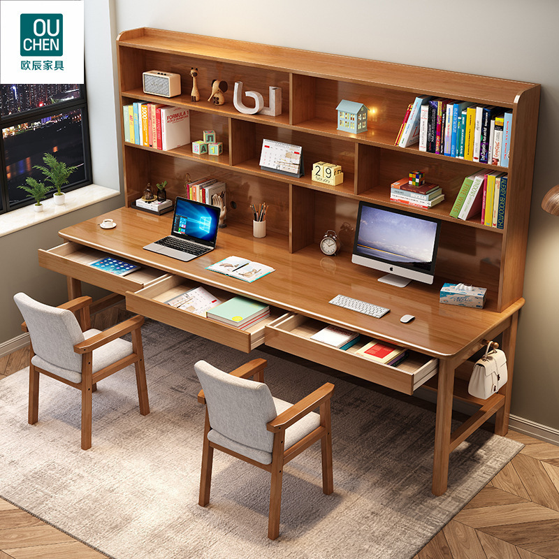 Solid Wood Double Three-Person Desk Bookshelf Integrated Writing Desk Student Simple Home Computer Desk Learning Table with Bookcase