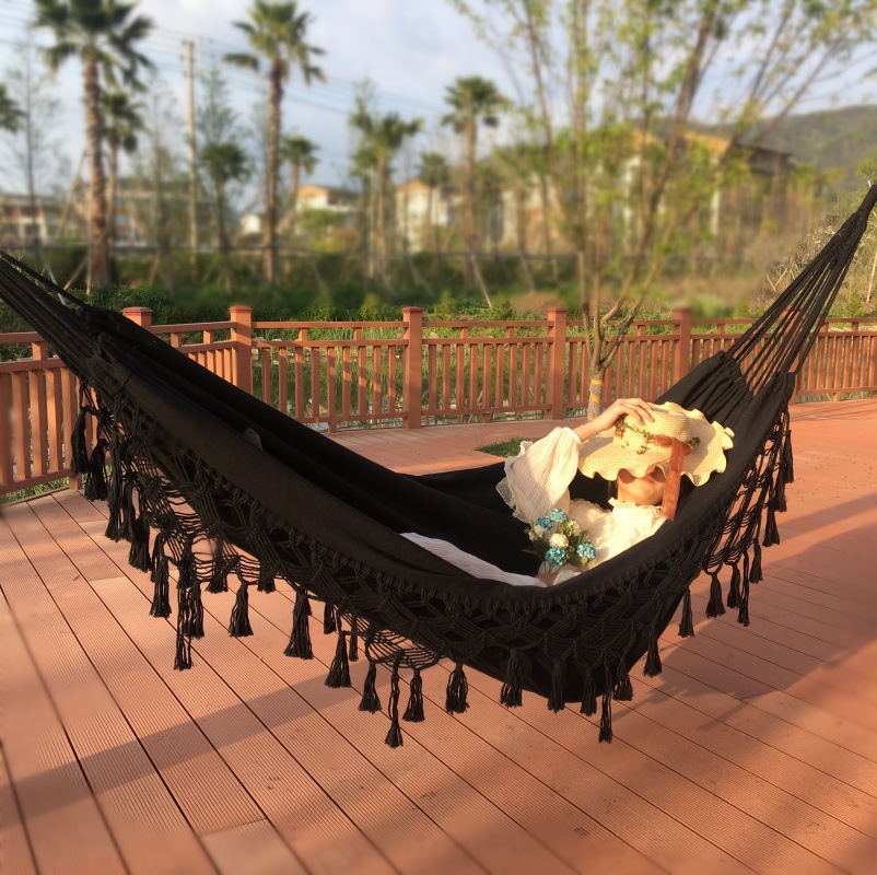 Hängematte aus Canvas mit Quasten im Landhausstil für Camping und Outdoor-Aktivitäten, 340 g/m², verdichtet, doppelt, mit Kippschutz_voghion.com